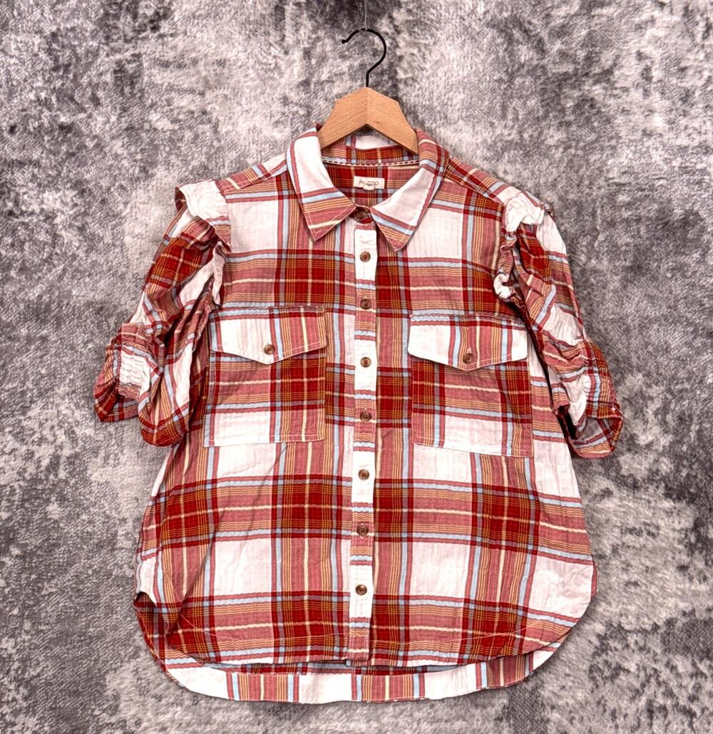 Anthropologie Shirt Top Large Womens Flannel Twill Puff Ruffle Sleeve Plaid